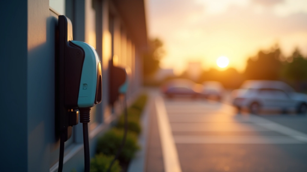 Elektroauto-Ladestation mit Stromkabel an modernem Parkplatz bei Sonnenuntergang