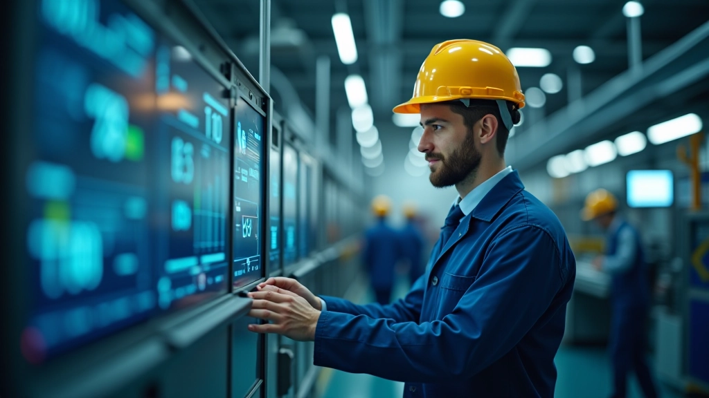 Arbeiter in moderner Fabrik mit digitalen Überwachungssystemen und nachhaltigen Produktionsprozessen