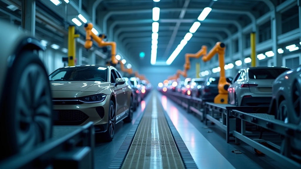 Moderne Automobilfabrik mit Elektrofahrzeug-Produktionslinie und automatisierten Schweißrobotern