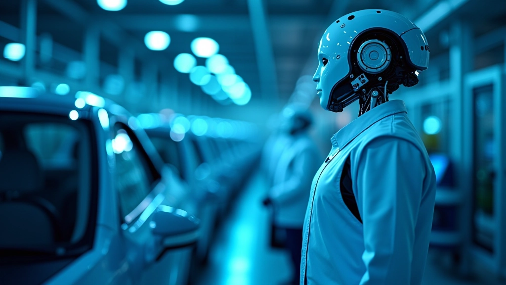 Moderne Fabrikanlage mit automatisierten Fertigungsrobotern und blauen LED-Lichtern